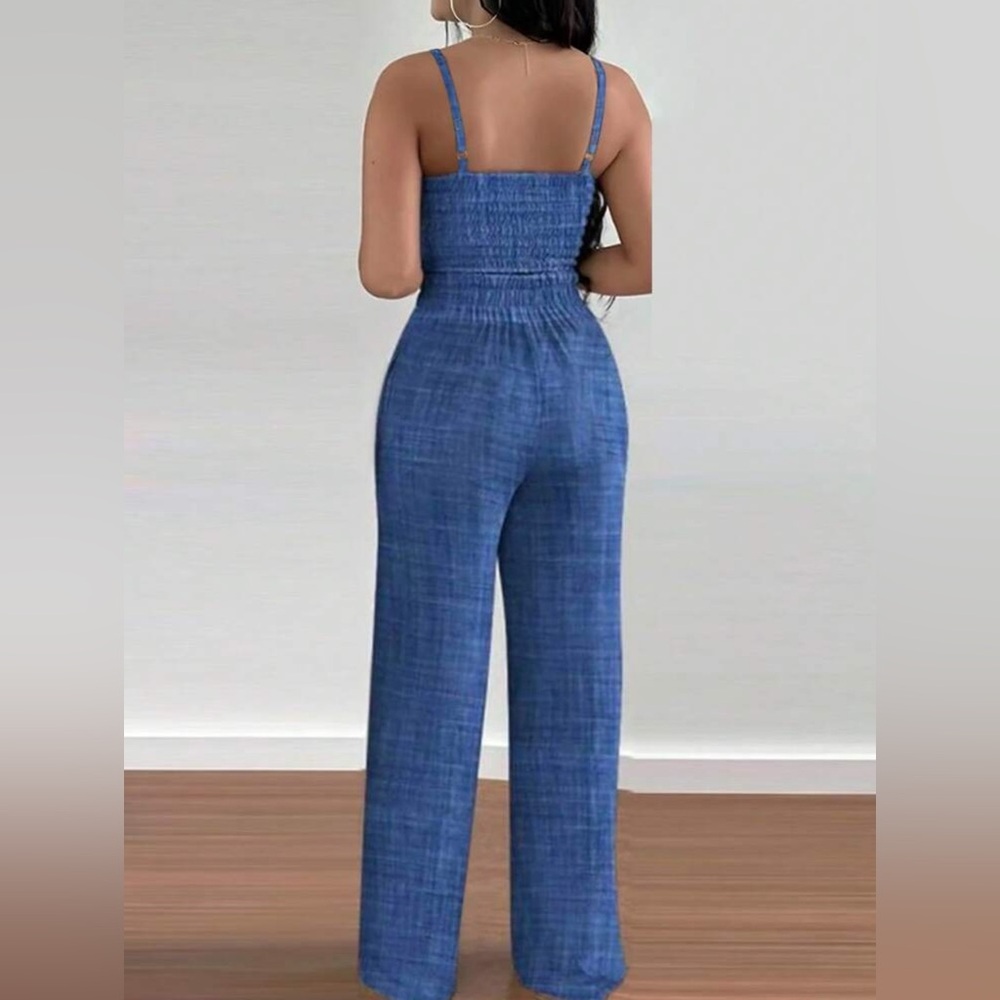 •Baddie Blues• Denim & Linen Look Two Piece Cropped Top & Bottom Set - Picture 2 of 3
